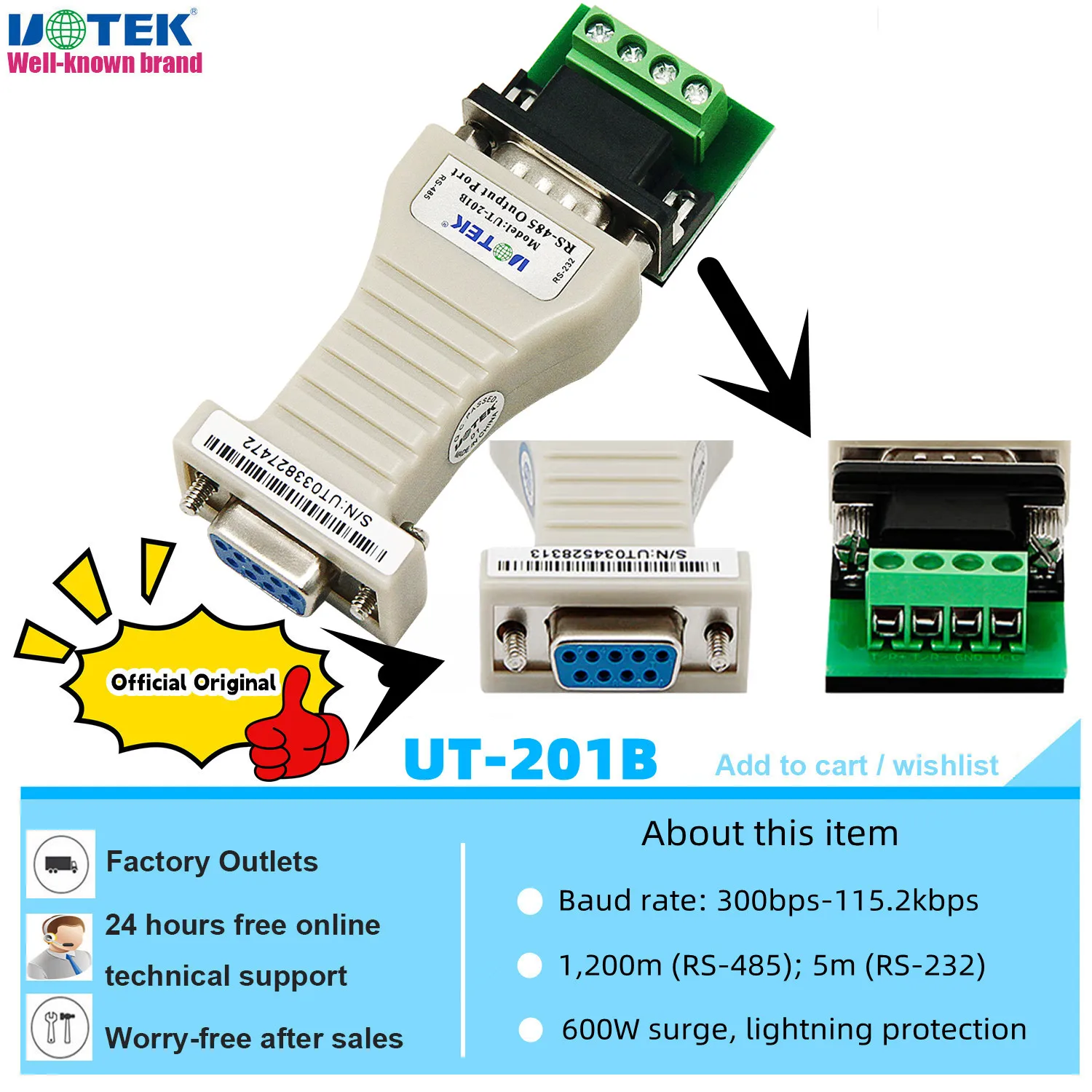 

Преобразователь UOTEK Mini RS232 в RS485 RS 232 DB9 RS-232 в RS-485 адаптер серийный соединитель полудуплексный анти-вспышка UT-201B