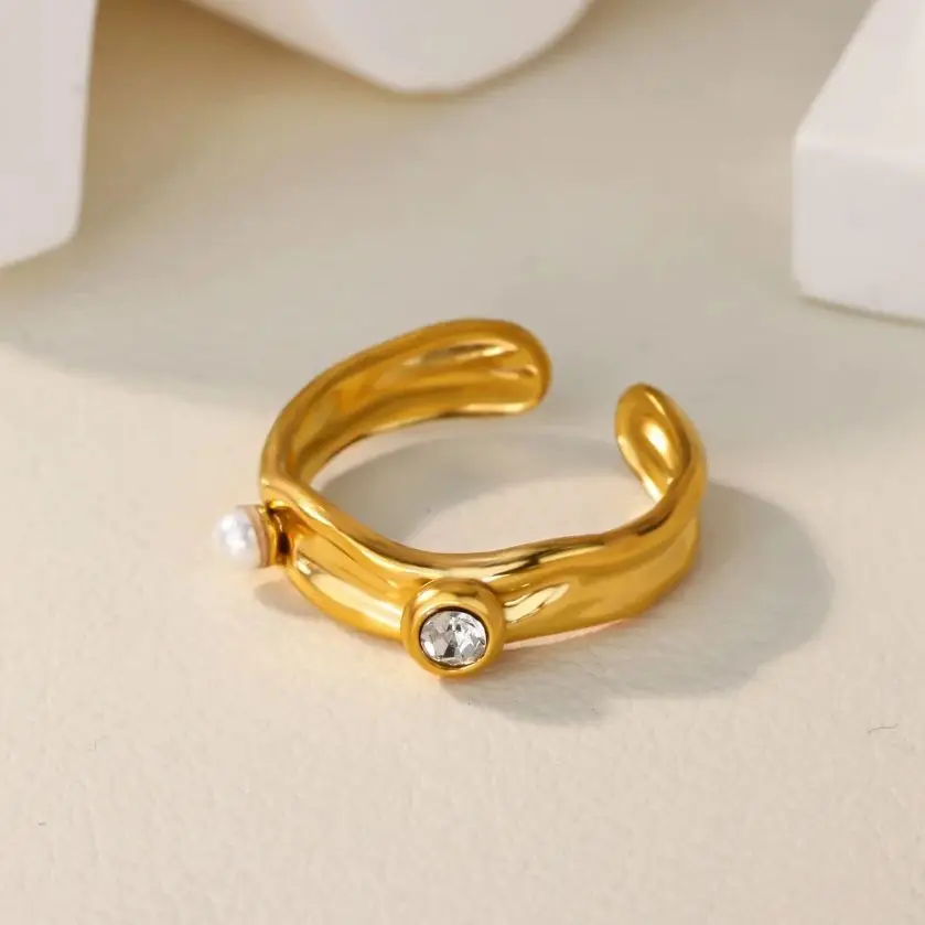 Zircon Pearl Rings Women Gold Stainless Steel Adjustable