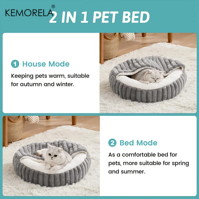 KEMORELA Warmes, rundes Kätzchenbett mit Kapuze, rutschfest, für Katzenhöhle, für den Innenbereich, zum Schlafen, gestepptes Kissen, geeignet für Katzen und Hunde – Detail 8