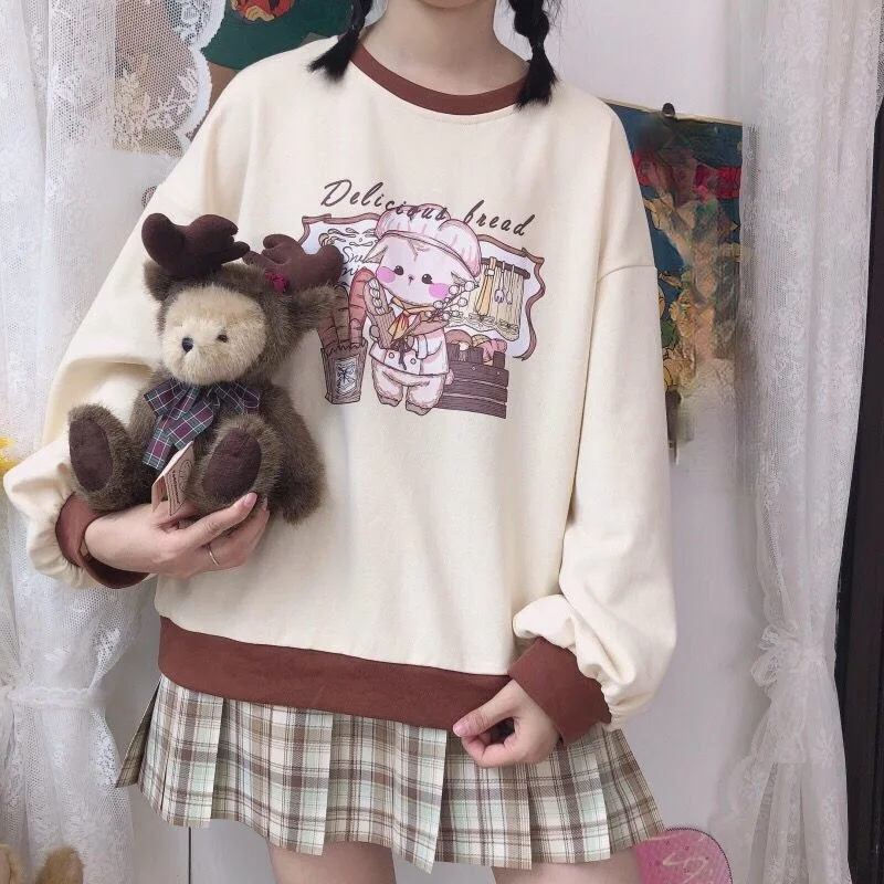 Women Cute Style Crew Neck Long Sleeve Loose Tops Kawaii Anime Sweatshirt Soft Girl Pullover 2023 Female Fashion Korean Jumper
