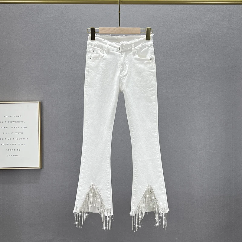 Cropped Jeans Women's Tassel Diamond-Embedded 2024 New Spring High Waist Slimming Denim Pants Y2k Clothes Denim Trousers Female