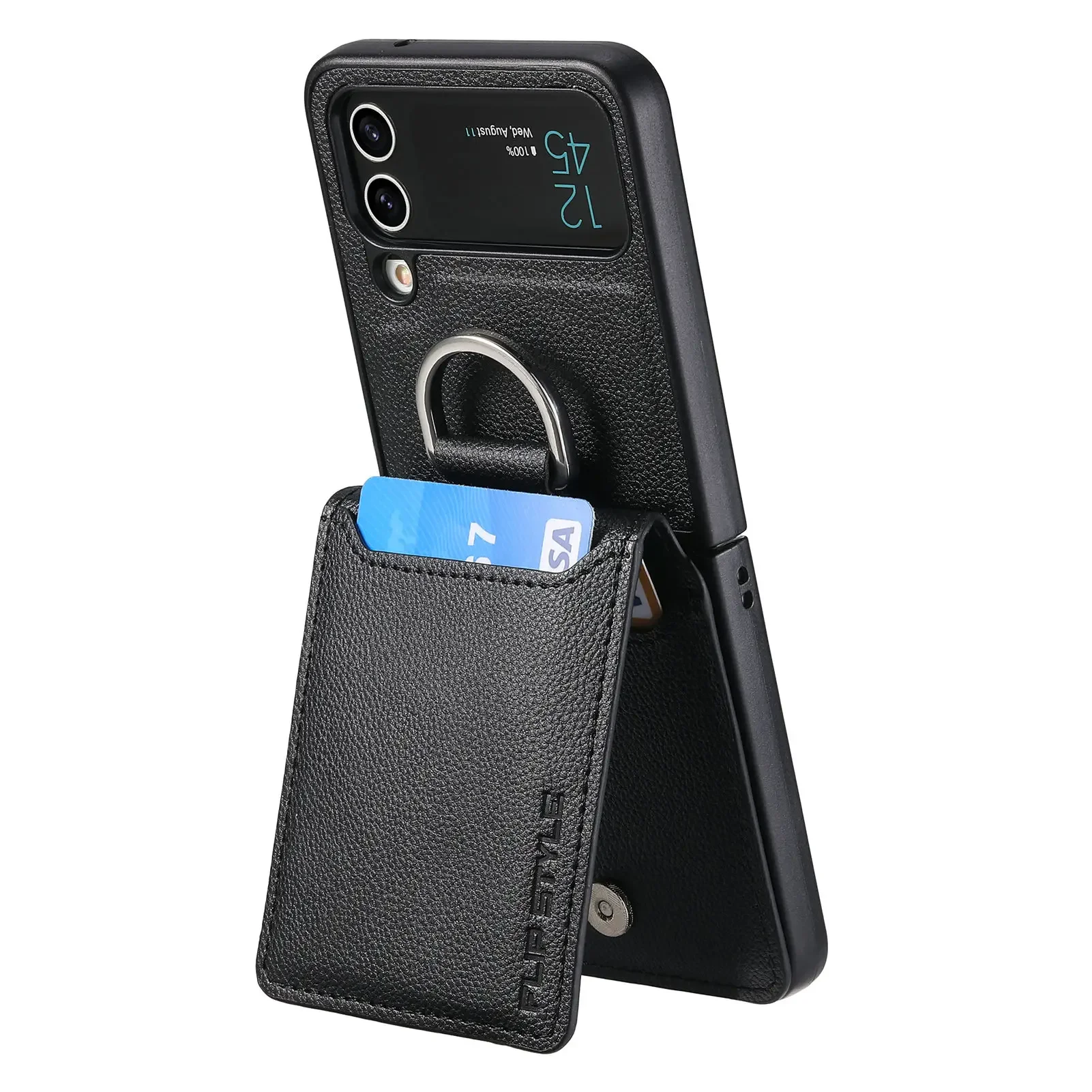 Magnetic Leather Wallet Case with Ring Holder and Kickstand