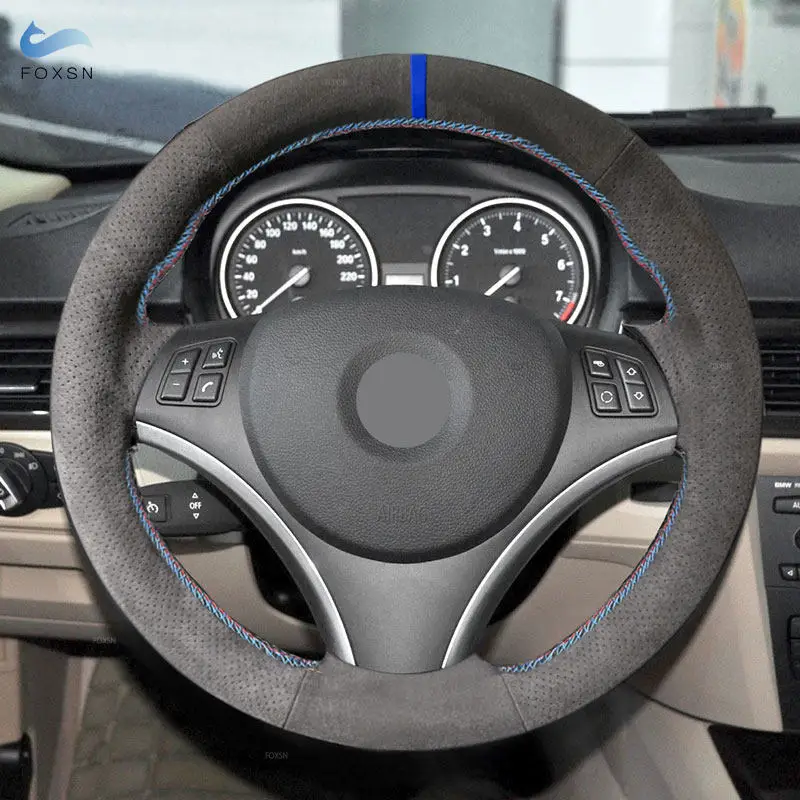 

Чехол на руль салона автомобиля для BMW 1 3 Ser E82 E87 E90 2006-2011 X1 E84 1,2 мм, замшевая отделка, красная синяя линия, синяя полоса