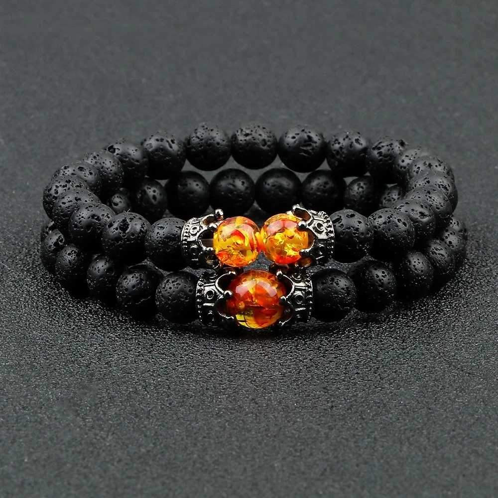 UNCOMMON Men's Beads Bracelet Two Black Crown Charms Lava Beads