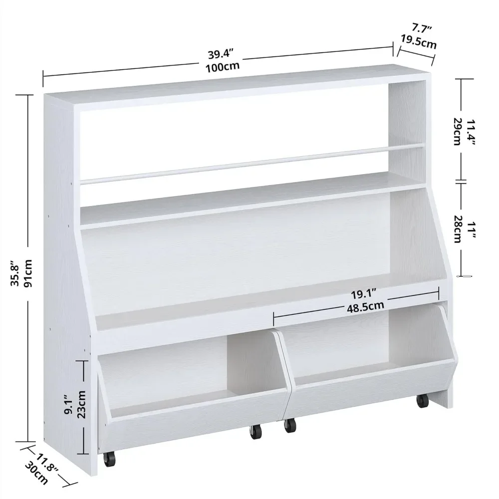 Toy Storage Organizer, Kids Bookshelf with 2 Movable Cubby Drawers, Top Toy Shelf with Crossbar, Storage Cabinet for Nursery 3