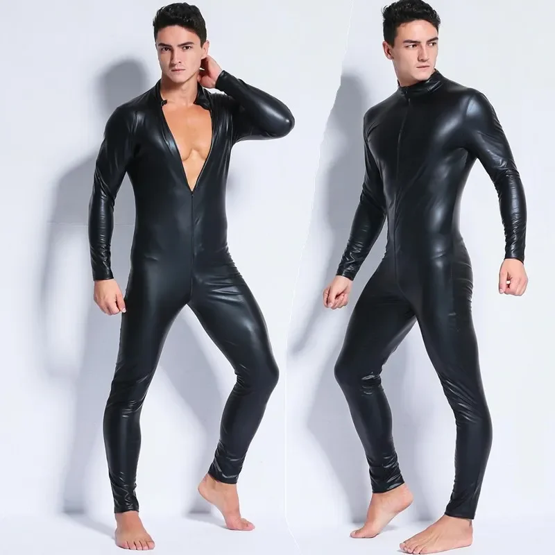 

Men's Wetlook Faux Leather Skin Bodysuit 2020 Sexy Open Crotch Tights Catsuit Zentai Suit Male Fetish Costume Clubwear