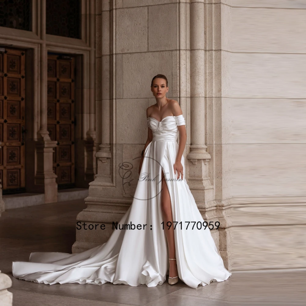 

High Quality Satin Wedding Dresses Sweetheart Boat Neck Bridal Gowns Sexy High Slit Button Back A Line Vestido De Novia 2024 New