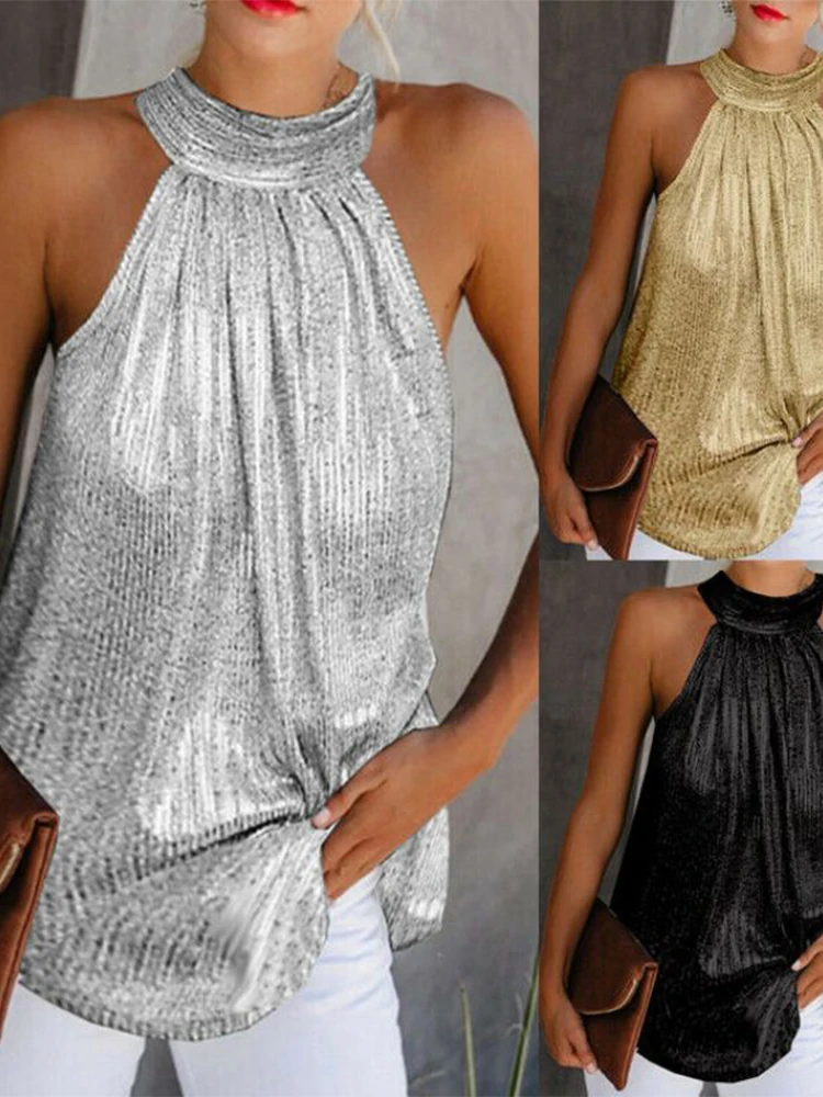 여성 골드 블라우스 2025 새로운 패션 하이 넥 민소매 Hatler 탱크 탑 조끼 여름 캐주얼 루즈 블라우스 셔츠 티