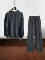 Men 100% Cashmere Sweater Pants Suit Hooded Pullover Straight Trousers Autumn Winter Casual Style Cashmere Knitted Clothing 1