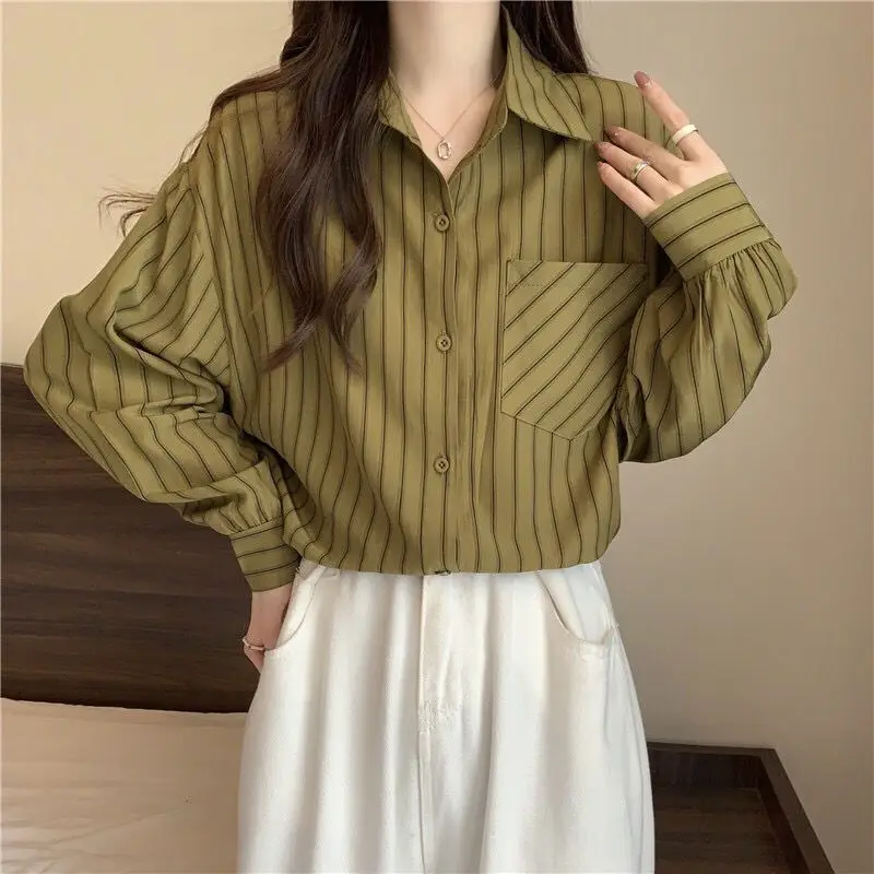 Fashion Printed Spliced Pockets Striped Shirt Female Clothing 2023 autumn winter New Casual Tops All-match Office Lady Blouse