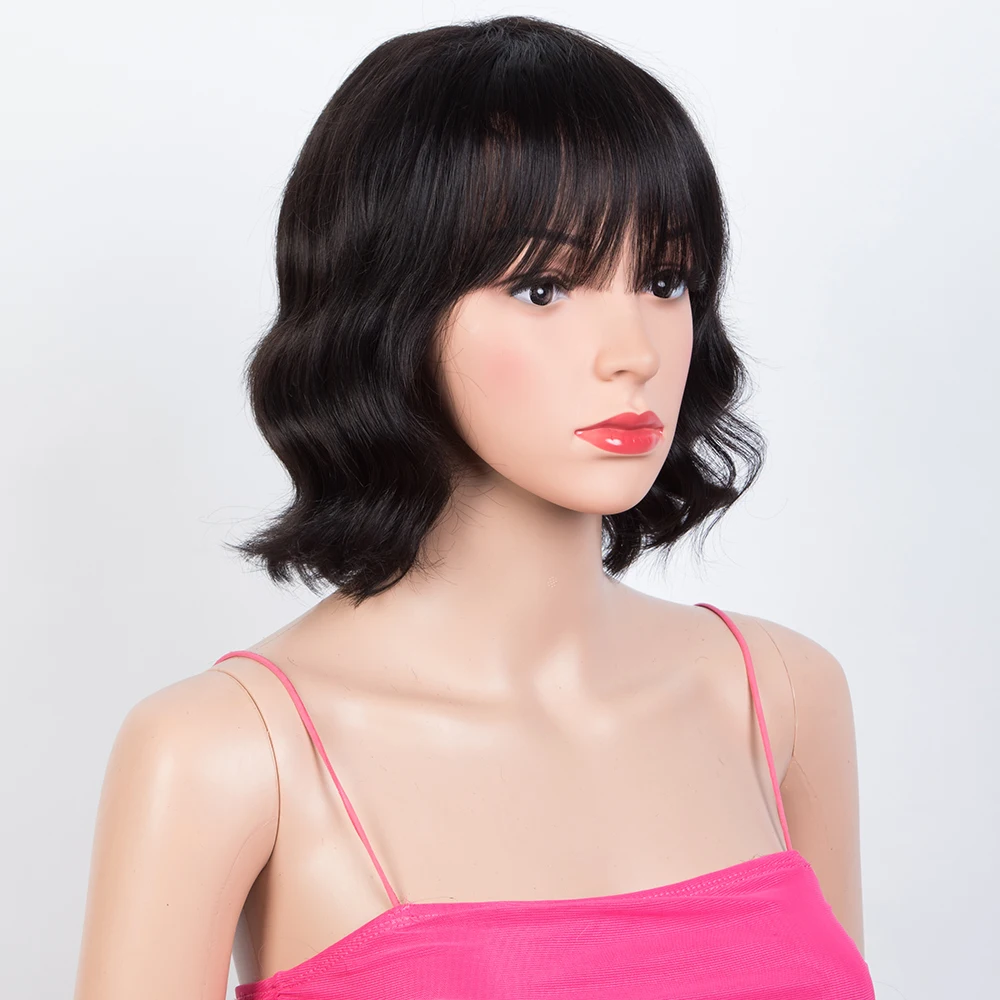 여성용 짧은 웨이브 밥 인모 가발, 앞머리 포함, 브라질 레미 헤어, 딥 웨이브 가발, 풀 머신 메이드 가발
