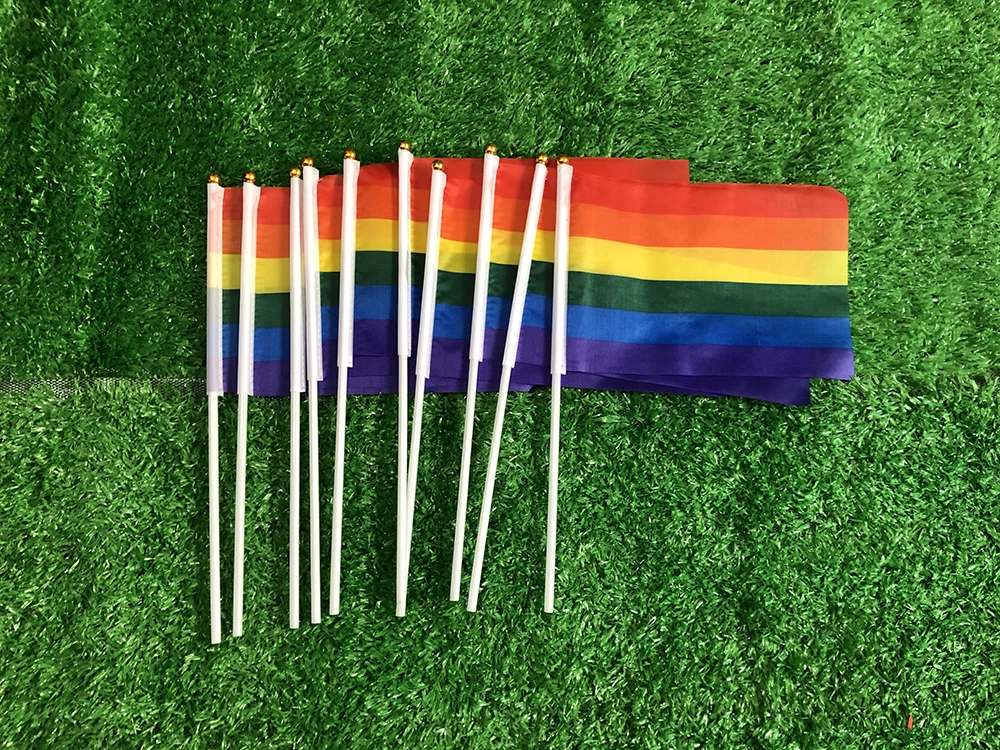 SKY FLAG LGBT-Handflagge, 14 x 21 cm, Regenbogen-Handflagge, schwul, lesbisch, homosexuell, bisexuell, Stolz-Handflagge mit Kunststoffstab – Detail 2