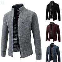 Men's Knitted Sweater Coat Fleece Lined Loose Casual Zipper Stand Collar Open Cardigan Autumn Winter Fashion Polyester Fiber