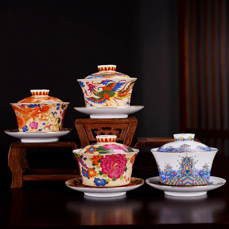 Enamel Covered Bowl, Tea Cup, Dried Flower, Blue and White Porcelain, Ceramic Tea Set, Sancai Bowl, 240ml