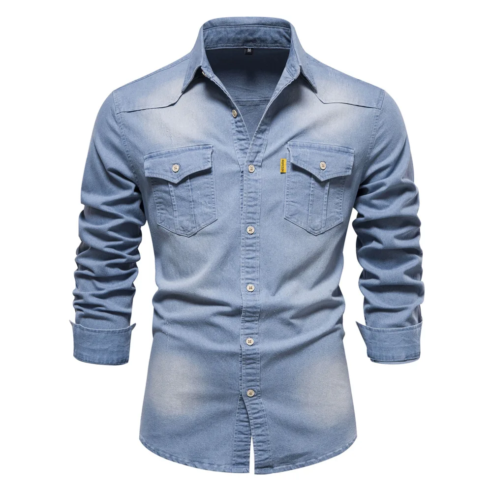 Brand Elastic Cotton Denim Shirt Men Long Sleeve Quality Cowboy Shirts for Men Casual Slim Fit Mens Designer Clothing high quality men s belt 125cm 3 4cm metal needle buckle leather belt new soft leather business luxury designer denim waist cover