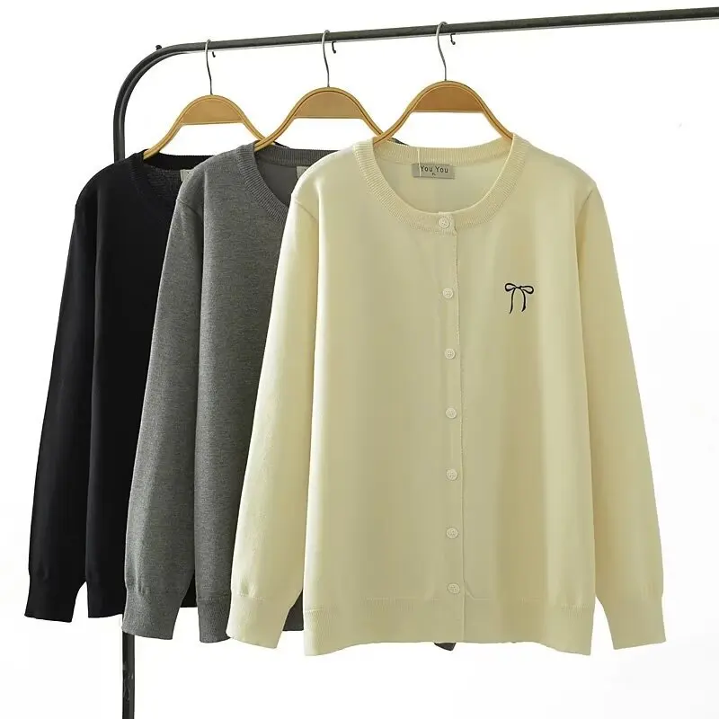 XXXXL Fashion Plus Size Women's Sweaters Autumn New Style Simple Embroidered Bow Knitted Cardigan 4065