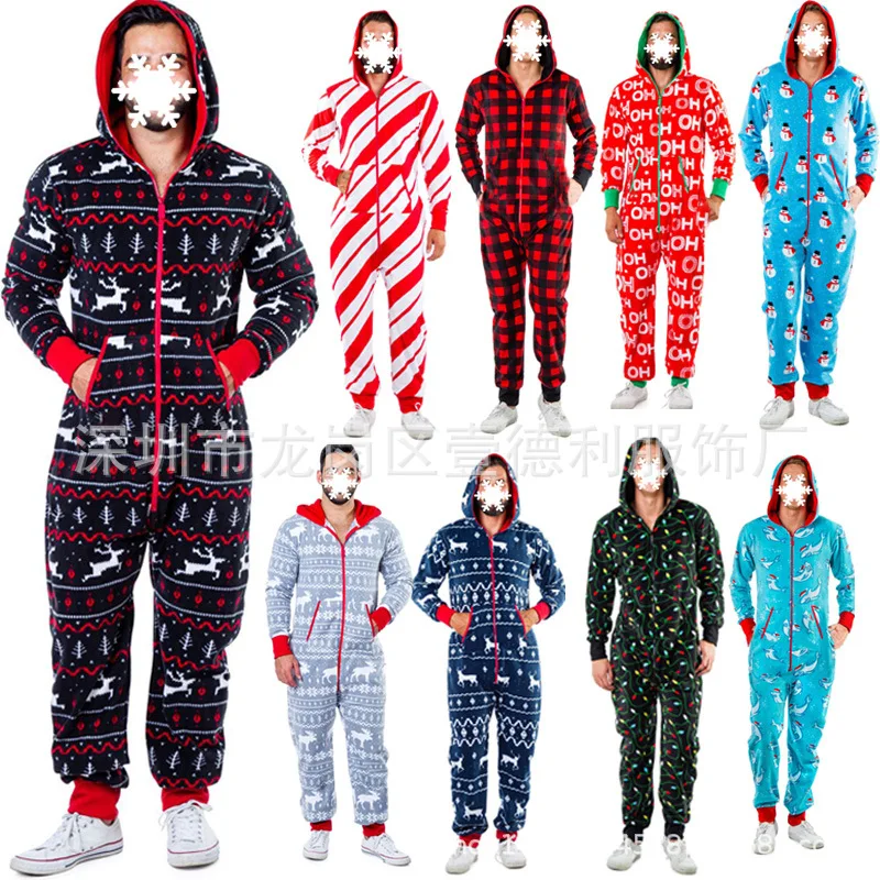 Men's Onesie Winter Pajama Christmas Jumpsuit Couple Homewear Zipper Sleepwear Girls Festival Party Suit With Hooded
