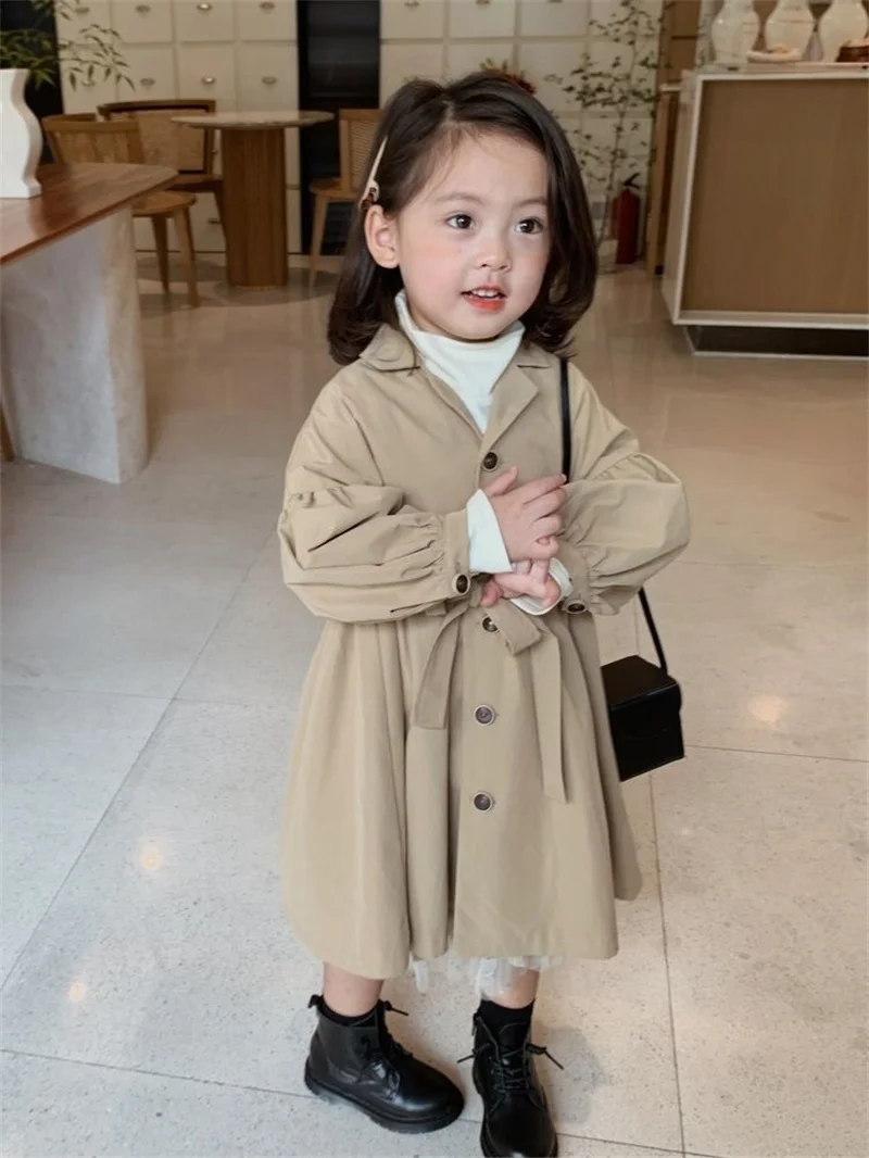 

Fashion Children Windbreaker 2023 Spring Autumn Korean Trench Kids Girls Khaki Trench Coat Outerwear Princess Outer Clothing