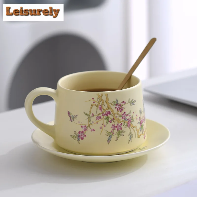 280ml Wisteria Flower Coffee Mug With Plate Kitchen Cup Afternoon Tea Mug Water Ice Cold Juice Jug Cup Saucer Kit Tableware Gift