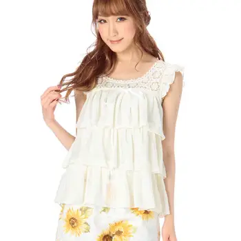 Sales Japan Liz Lisa Summer Chiffon Lace Multi Layers Ribbon Fly Sleeve Top Short T shirts