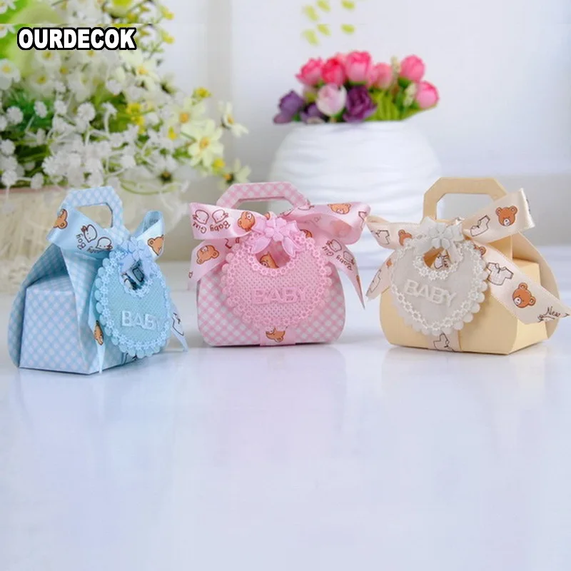 24 teile/los Bär Form DIY Papier Hochzeit Geschenk Taufe Baby Shower Party Favor Boxen Zarte Candy Box mit Lätzchen Tags & bänder – Detail 4
