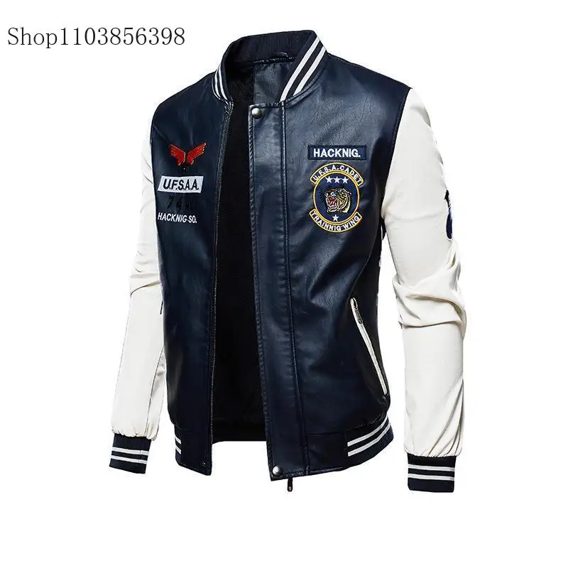 New Motorcycle Leather Jacket Men's Casual Fashionable Embroidered Baseball Jersey Slim Fit Zipper High Quality PU Jacket Male
