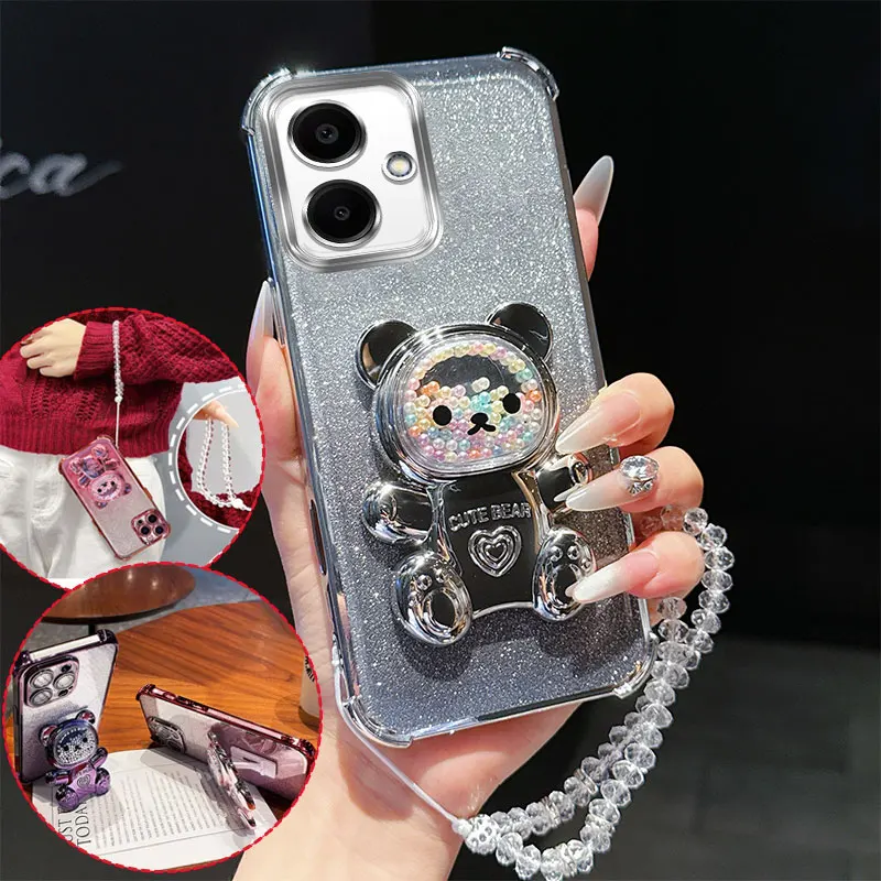 Shockproof Transparent Phone Case with 3D Bear Stand and Glitter Chain Lanyard