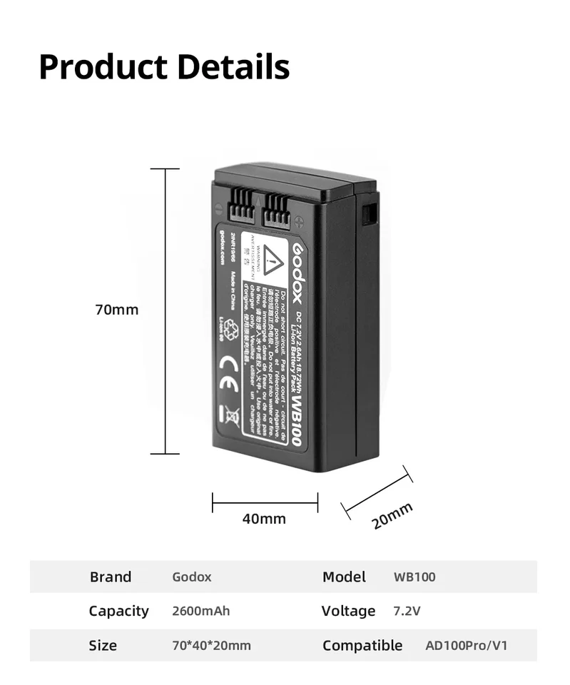 Gx WB100 リチウムイオンバッテリーパック Godox AD100PRO V1 V1