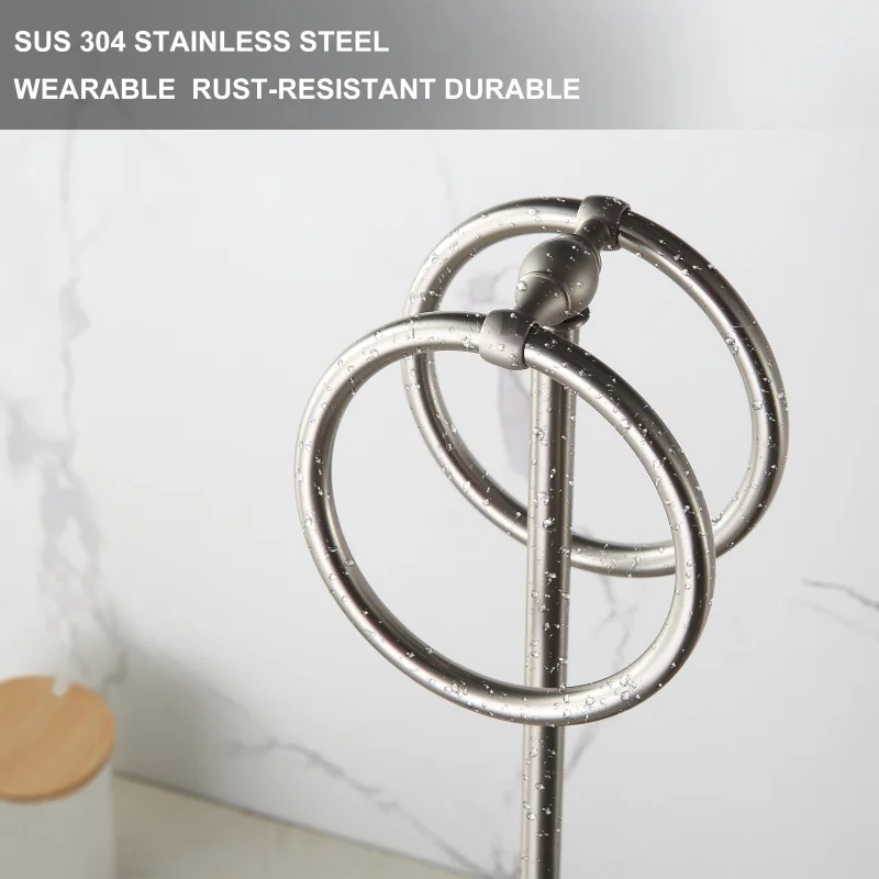 Bathroom Vertical Towel Rack Floor Standing No-Punch Stainless Steel Bath Towel Organizer Double Ring Hotel Shelf
