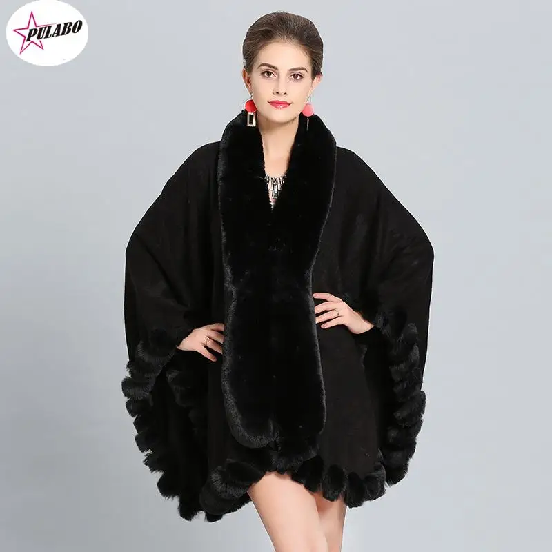 

PULABO EuropeStyle Fashion Double Fox Fur Coat Cape Hooded Knit Cashmere Cloak Cardigan Outwear Women Winter Shawl 1.1kg