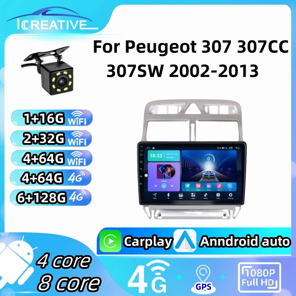 4GB+64GB Android Autoradio Per Peugeot 308 308SW 408 2007-2015 Carplay Android Auto Wireless, Hodozzy 9 Pollici Touch Screen Auto Stereo 2 Din GPS Navigazione WiFi, Bluetooth, DSP, FM/RDS+Retrocamera