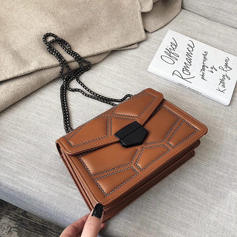 Yogodlns Vintage Niet kette kleine Umhängetaschen für Frauen Klappe Pu Leder Mode kleine quadratische Umhängetasche Designer Handtasche – Detail 24
