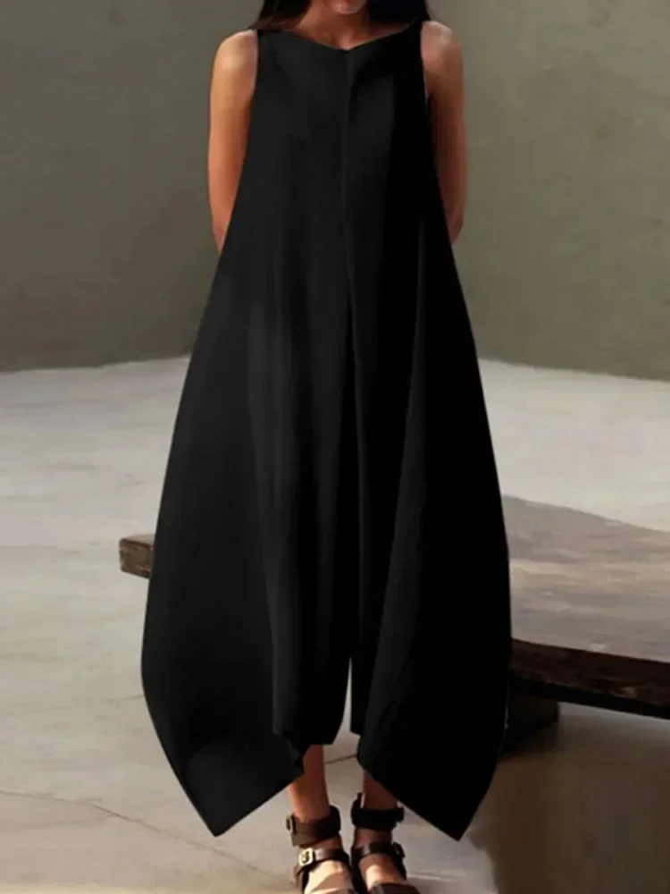 

Bohohipei Female Summer Loose Sleeveless Solid Color V-Neck Maxi Dresses Fashion Pleated A-line Party Long Dress Robe 2024 New