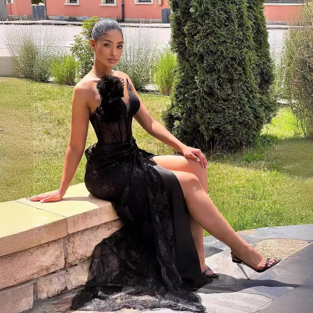 

Черные кружевные Выпускные платья Sexcy с высоким воротом без рукавов, Прозрачное платье на день рождения, женские платья на новый год, длинное свадебное платье