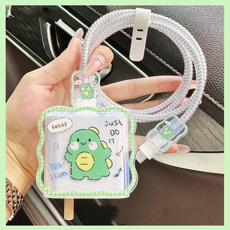 Custodia Cartoon Dinosaur Wave Per Apple Iphone 18W/20W Copertura Di Protezione Della Testa Del Caricatore Soft Antipolvere Bite Cord Line Avvolgicavo