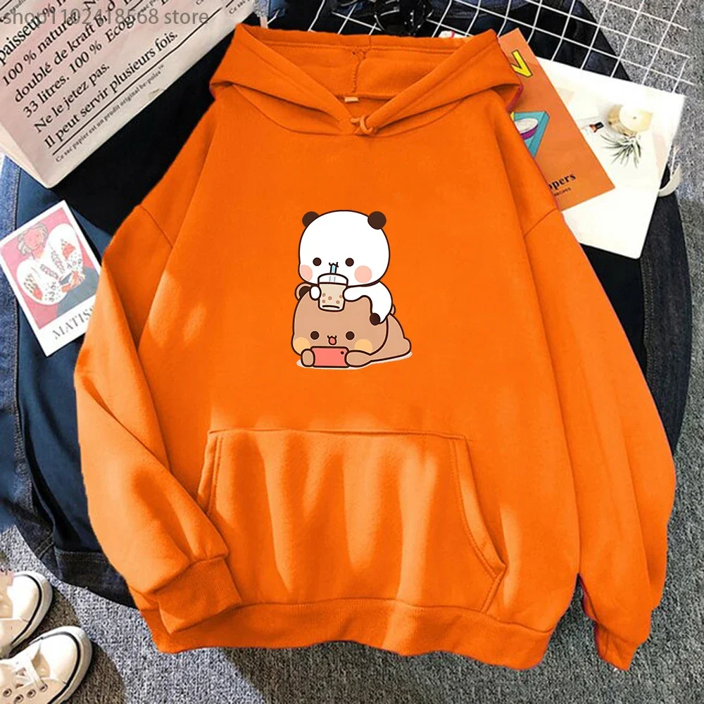 Bubu Is Watching Dudu While He Playing Games Hoodie Cute Panda Bear Cartoon Sweatshirts Women Funny Print Pullover Pocket Kawaii