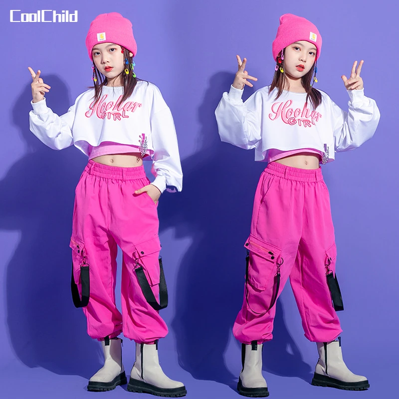 

Hip Hop Girls Pink Cargo Pants Kids Crop Top Skirt Princess Street Dance Clothes Set Child Jazz Sweet Outfit Streetwear Costumes