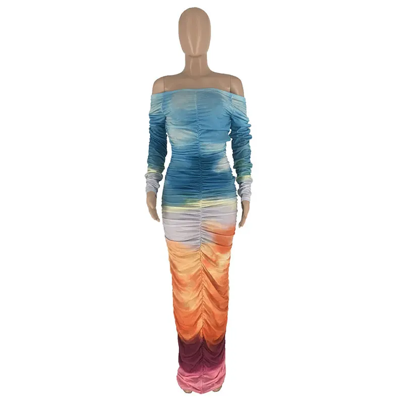 Women Gradient Tie Dye Printed Off Shoulder Long Sleeve Maxi Long Midi Bodycon Ruched Dress 2023 Sexy Party Club Dresses Female