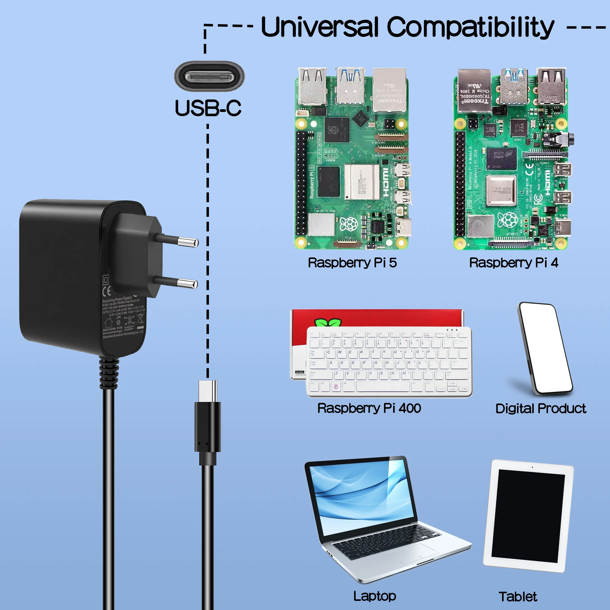 Geekbord 라즈베리 파이 5 전원 공급 장치 XSL-GaN-PD 27W 5.1V 5A USB-C