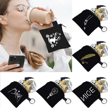 

2022 Unisex Coin Purse White Picture Print Pattern Earbuds Key Storage Bag Small Object Ring Buckle Zipper Black Canvas Mini