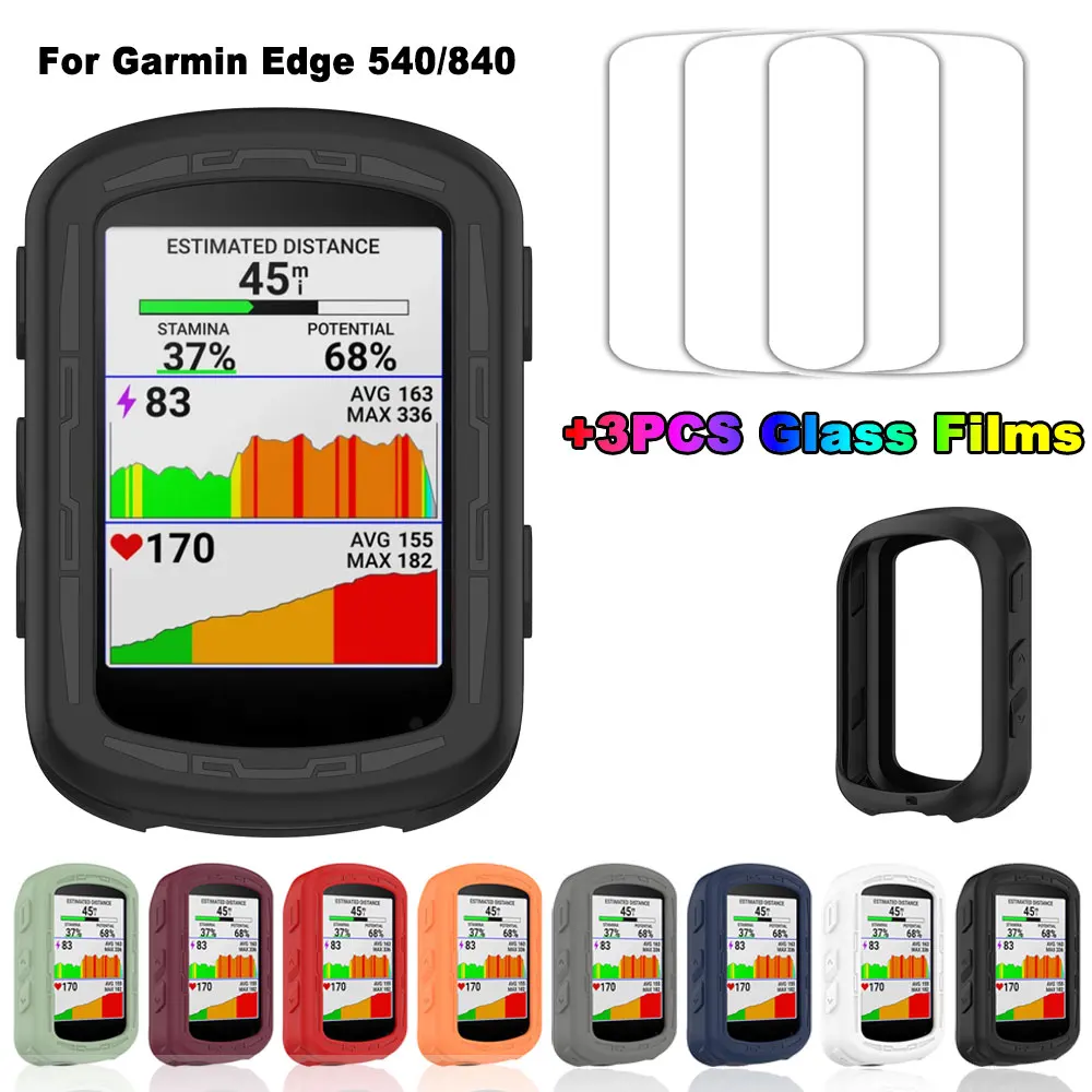 Solar Protective Case Cover + 3 PCS Glass Film Set for Bike GPS Silicone Shell Protector