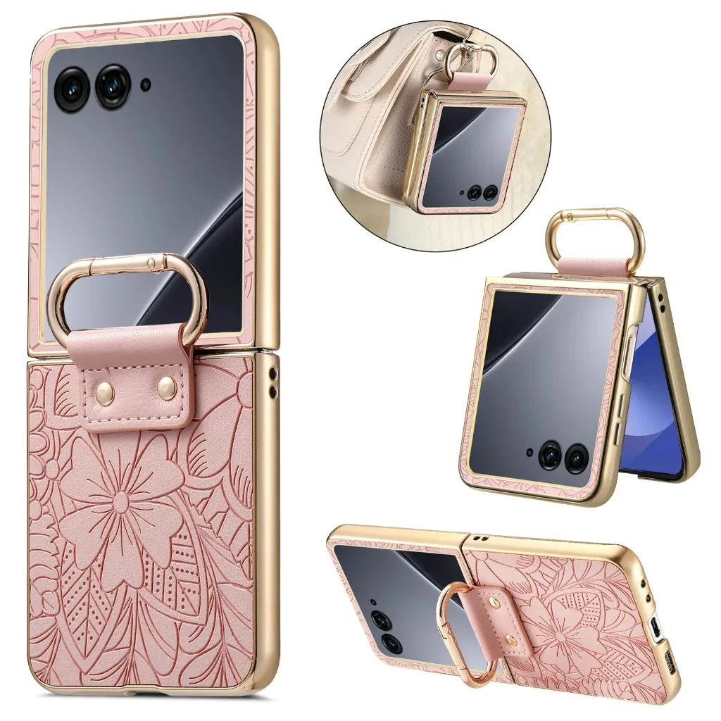 Elegant Embossed Flower PU Leather Phone Case with Ring Buckle - Shockproof & Protective Cover
