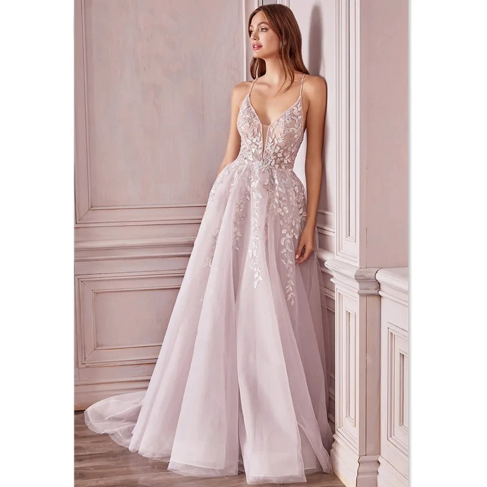 

Pastrol Fluffy Tulle Evening Dresses Woman's Sexy V Neck Backless A Line Ball Gowns Lace Appliques Formal Beach Party Vestido