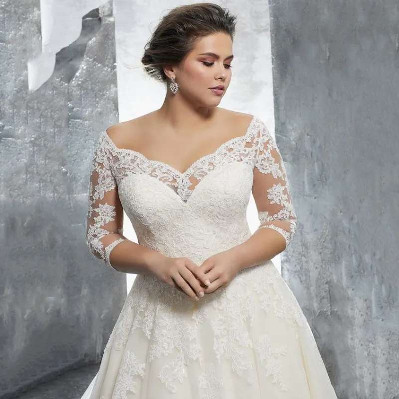 Plus Size Hochzeits kleid Frauen Schatz a-Linie von der Schulter halbe Ärmel vestido de novia elegante Spitze Applikation Court Zug