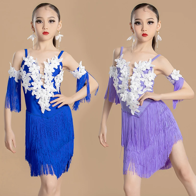 

Blue Purple Latin Dance Fringed Dress Girls Ballroom Dance Professional Dresses Children'S Competition Dancing Clothes SL10190