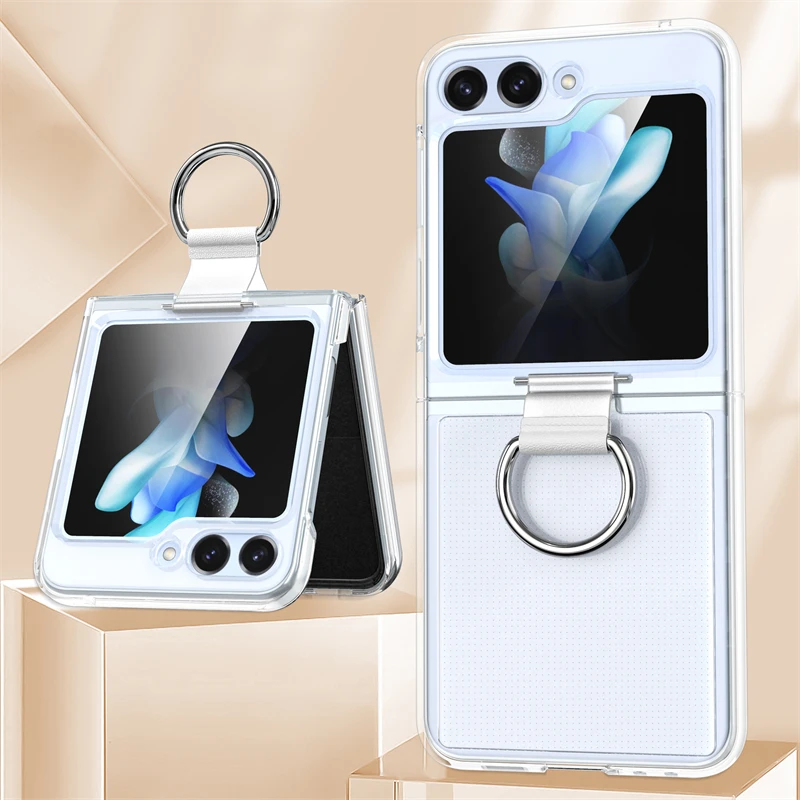 Solid Color Folding Case with Finger Ring Buckle - Shockproof Matte Clear Cover