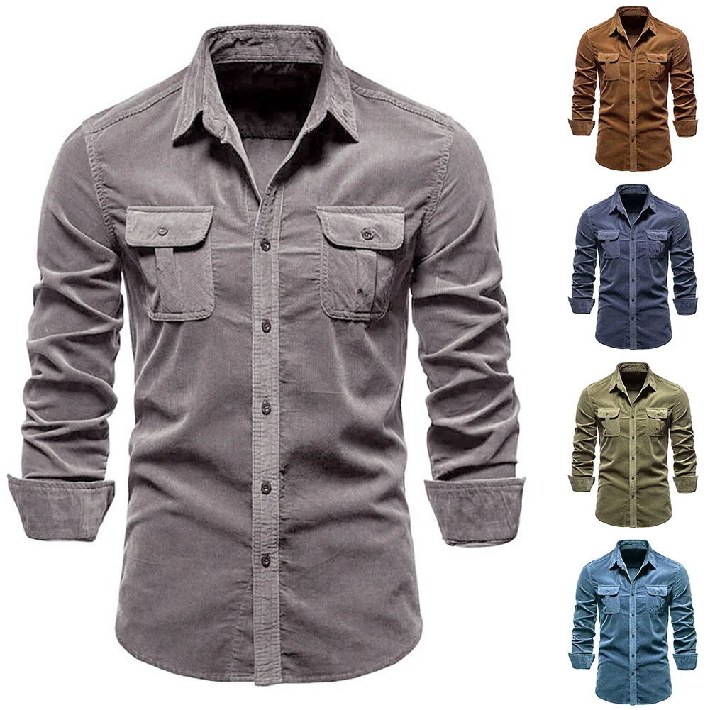 

Mens Button Up Long Sleeve Tops Single Breasted Business Casual Solid Corduroy Plain Slim Fit Cotton Blend Stretch Dress Shirt