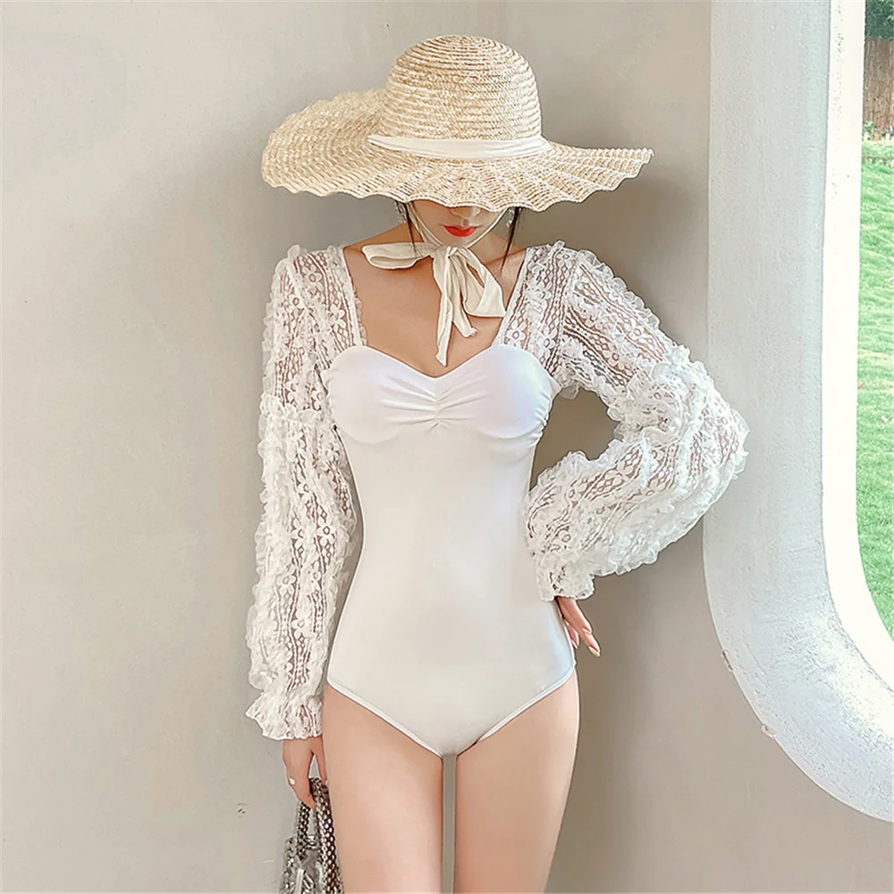 

Sexy Lace Long Sleeve One Piece Swimsuit Women Solid White Swimwear Bandeau Monokini Chiffon Bathing Suit Pads Korea Lace Up