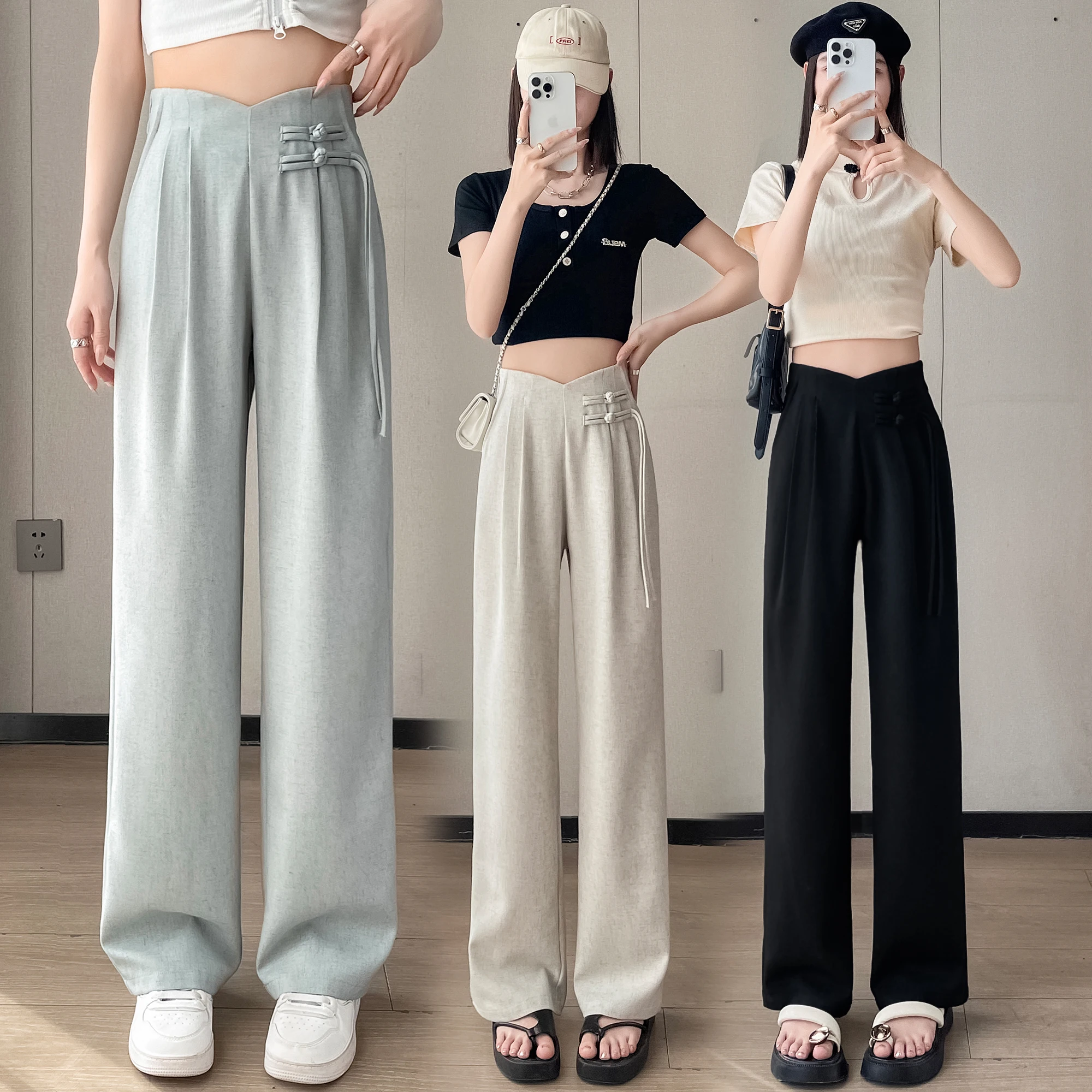 Linen Suit Wide Leg Pants Y2K Women's Summer Retro Chinese Style Design High Waist Drape Narrow Cut Straight Leg Casual Pants