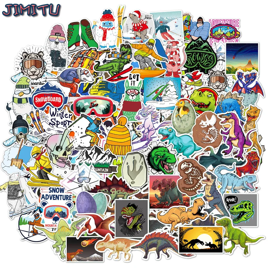 

100 Pcs Ski Stickers Cartoon Cute Dinosaur Animal Waterproof Stickers for motorcycle Laptop Helmet Bicycle Kid‘s’Gift Decal